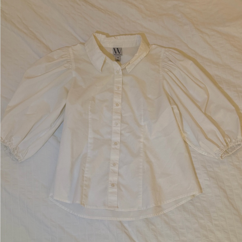 Worthington Whimsical Women’s Blouse in White with Puff Sleeves & pointed collar